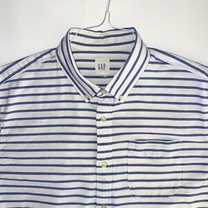 Gap Mens Large Short Sleeve Oxford Shirt Navy Blue White Horizontal Stripe